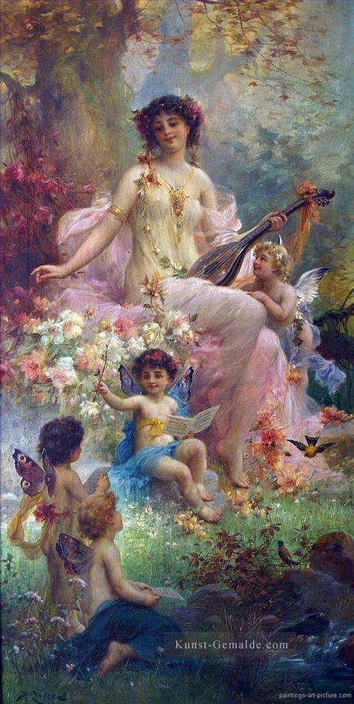 Schönheit spielen Gitarre und floral Engel Hans Zatzka schöne Frau Dame Ölgemälde
